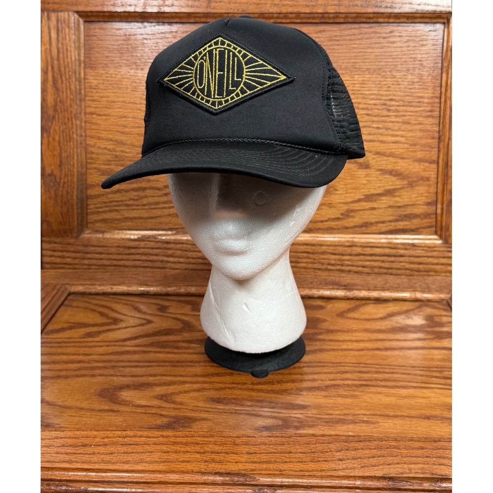 O'Neill Mens Black Trucker Hat Gold Logo Patch Mesh Snapback Surf Cap